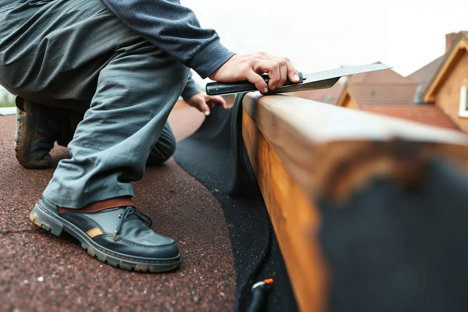 A roofer in full workwear crouching on a flat residential roof and using a metal roofing trowel to spread adhesive compound along the upstand edge of a new felt membrane before pressing it firmly against the raised timber kerb.