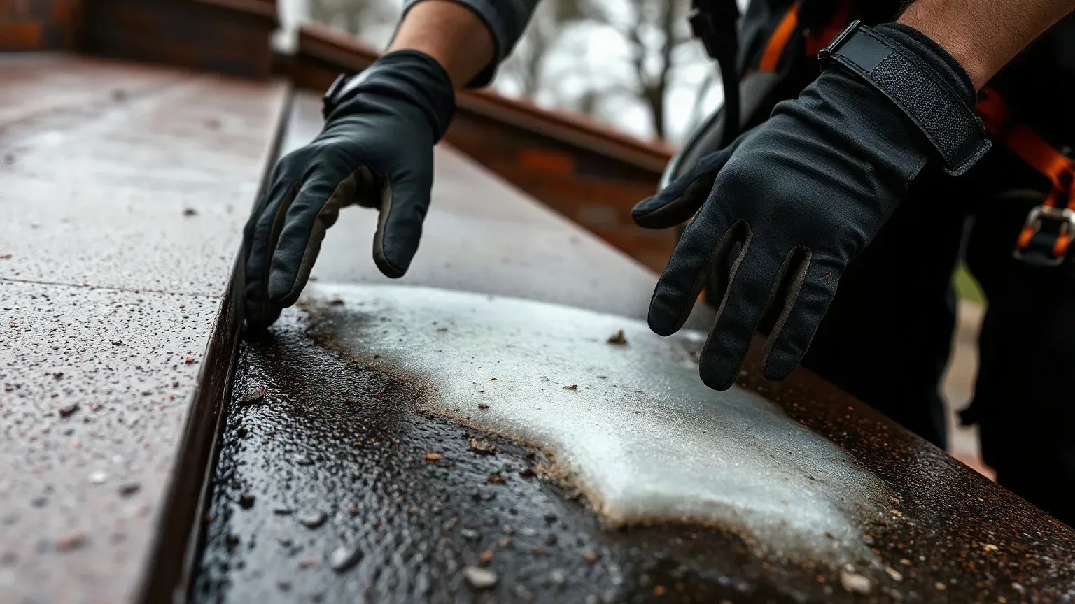 A roofer in a safety harness pressing both gloved hands onto the surface of a flat residential roof to locate a soft spongy area in the deck beneath a blistered felt membrane on a wet overcast afternoon.
