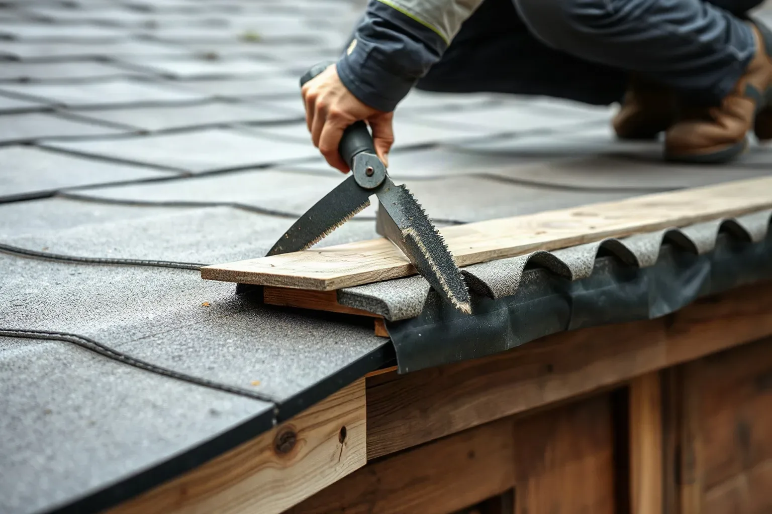 A roofer in full workwear kneeling at the perimeter edge of a flat residential roof and using a slate ripper tool to cut away a deteriorated strip of felt membrane along the fascia line before inspecting the timber substrate beneath on a grey day.