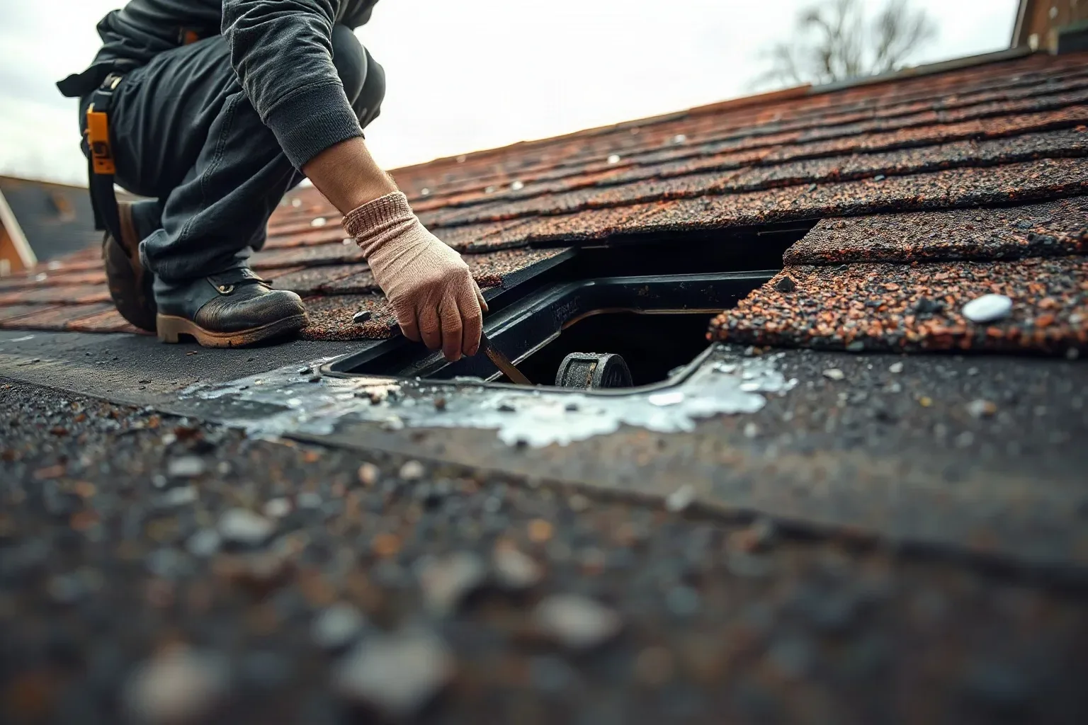 A roofer in a safety harness crouching at the outlet of a flat residential roof and clearing debris from the drainage point with a gloved hand while the surrounding felt membrane surface shows visible blistering and ponding on an overcast afternoon.