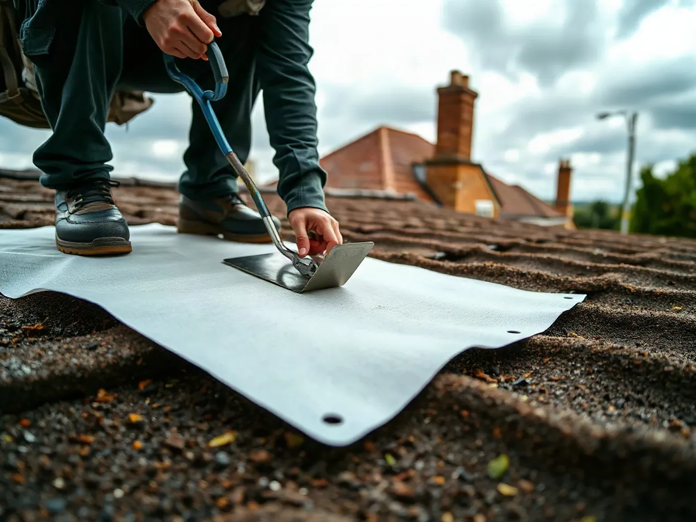 A roofer in full workwear crouching on a flat residential roof and laying a filter fleece sheet over a drainage board before smoothing its surface flat with a metal roofing trowel in preparation for the growing medium layer on a cloudy afternoon.