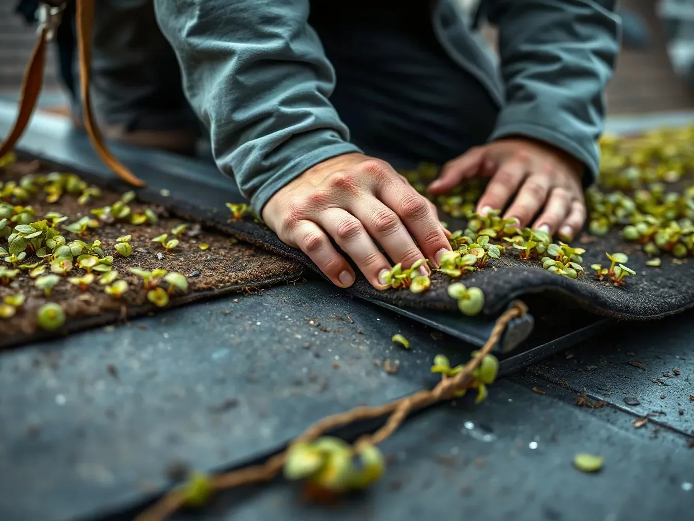 A person tends to trays of small seedlings growing on dark fabric mats laid out on a flat surface