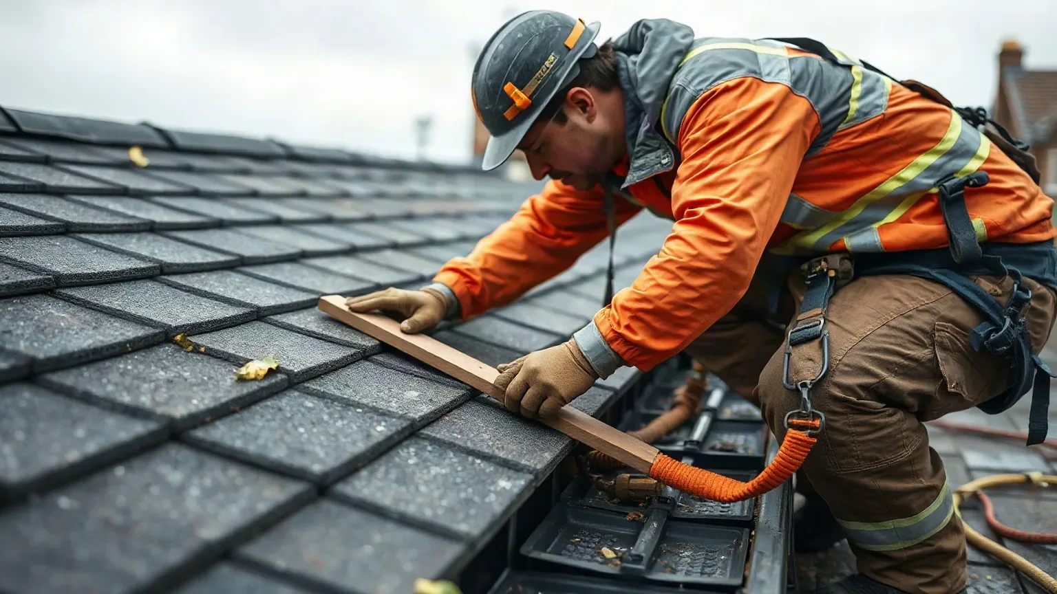 A roofer in full workwear crouching on a flat residential roof extension and carefully laying a drainage board section against the upstand edge before pressing it flat to receive the green roof build-up layers above on a grey overcast afternoon.