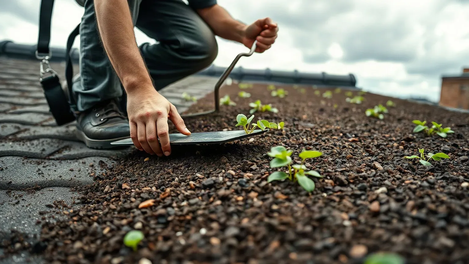 A roofer in a safety harness spreading growing medium evenly across a flat residential roof surface with a metal roofing trowel before laying the sedum mat on top, working from the parapet inward on a cloudy overcast day.