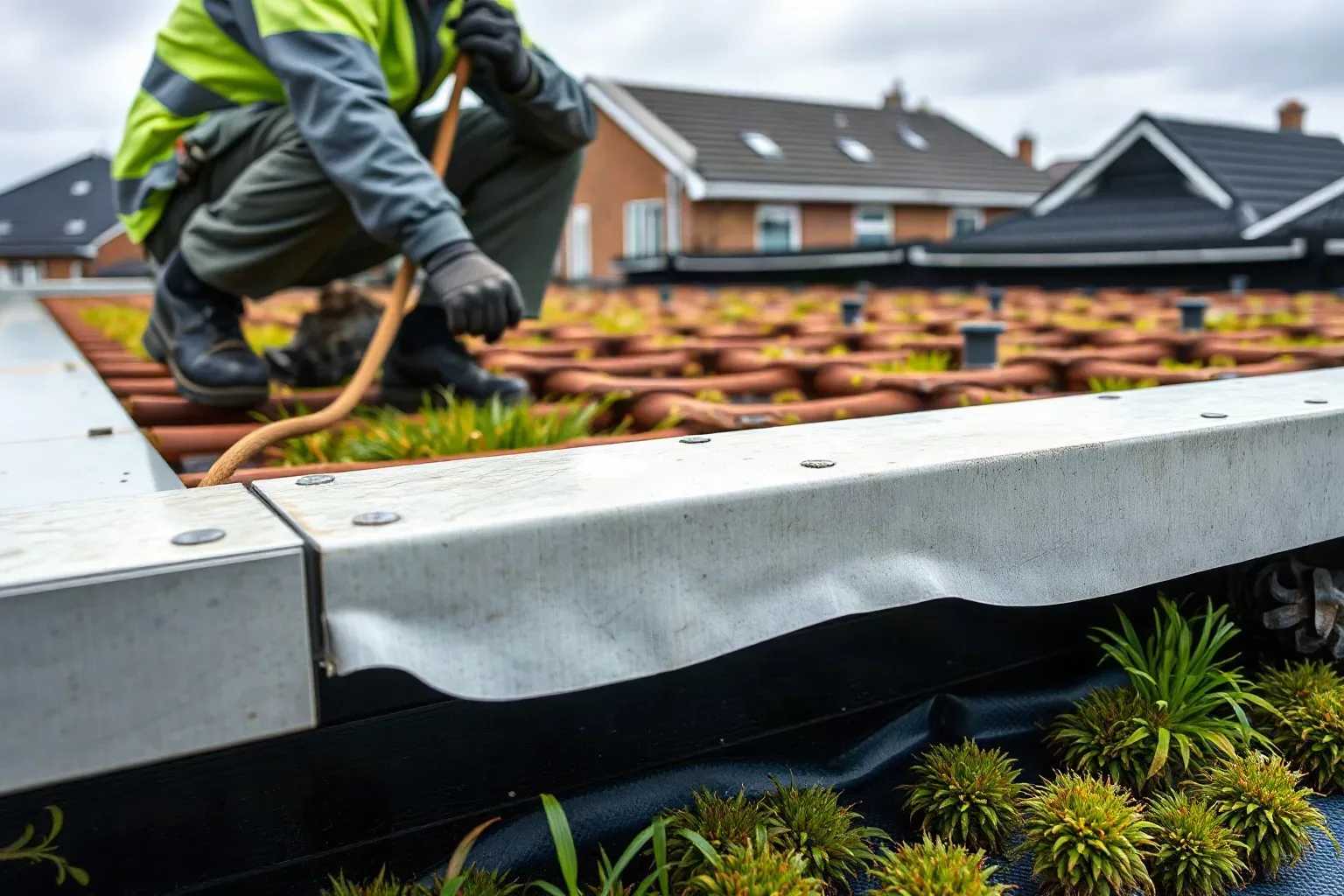 A roofer in full workwear crouching on a flat residential green roof and lifting the edge of a sedum mat at the outlet margin to inspect the waterproof membrane beneath for any sign of root penetration on a grey overcast afternoon.