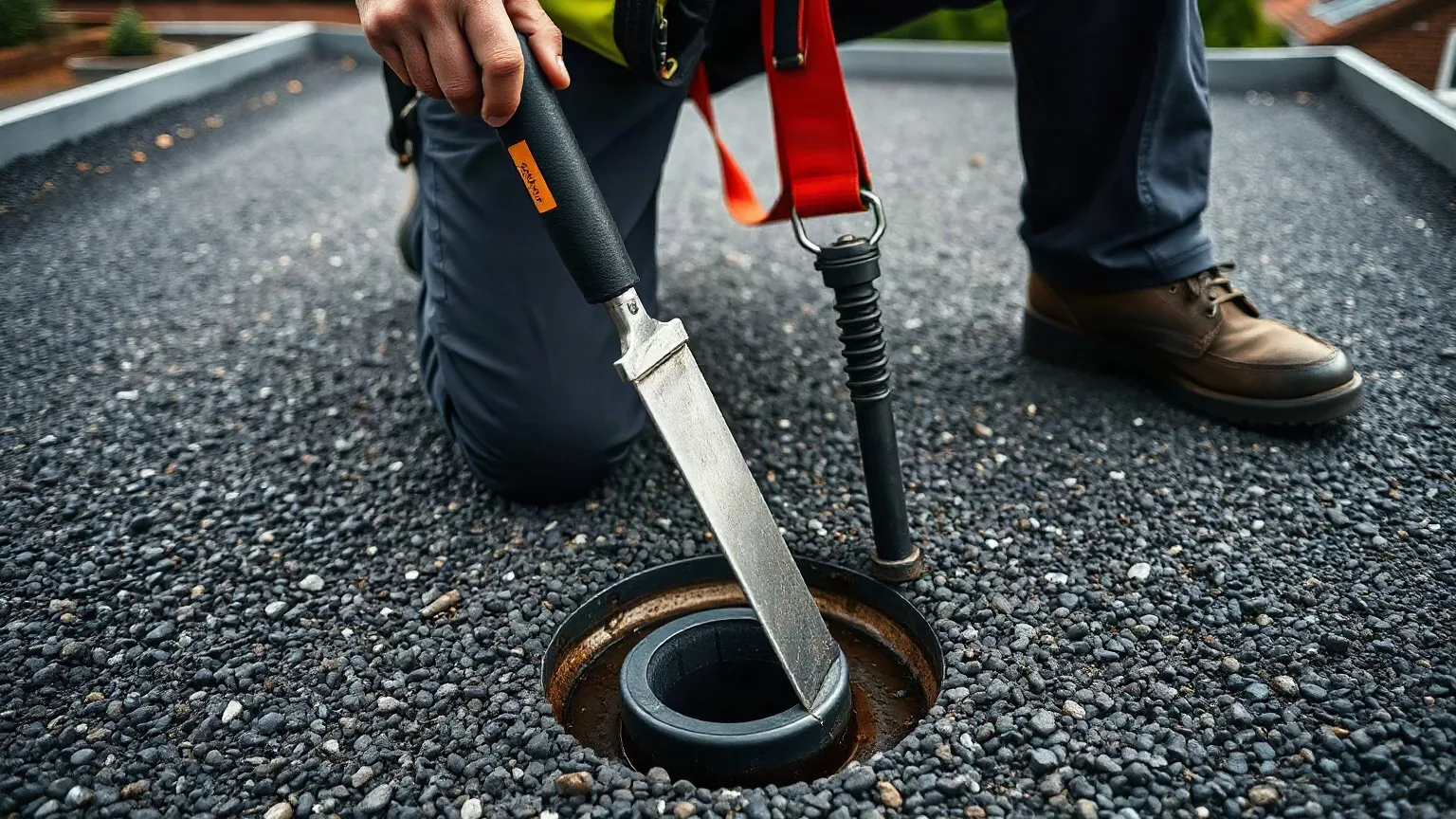 A roofer in a safety harness kneeling at the gravel border of a flat residential green roof and using a metal roofing trowel to clear debris from the drainage outlet collar beneath the gravel layer on a damp cloudy day.