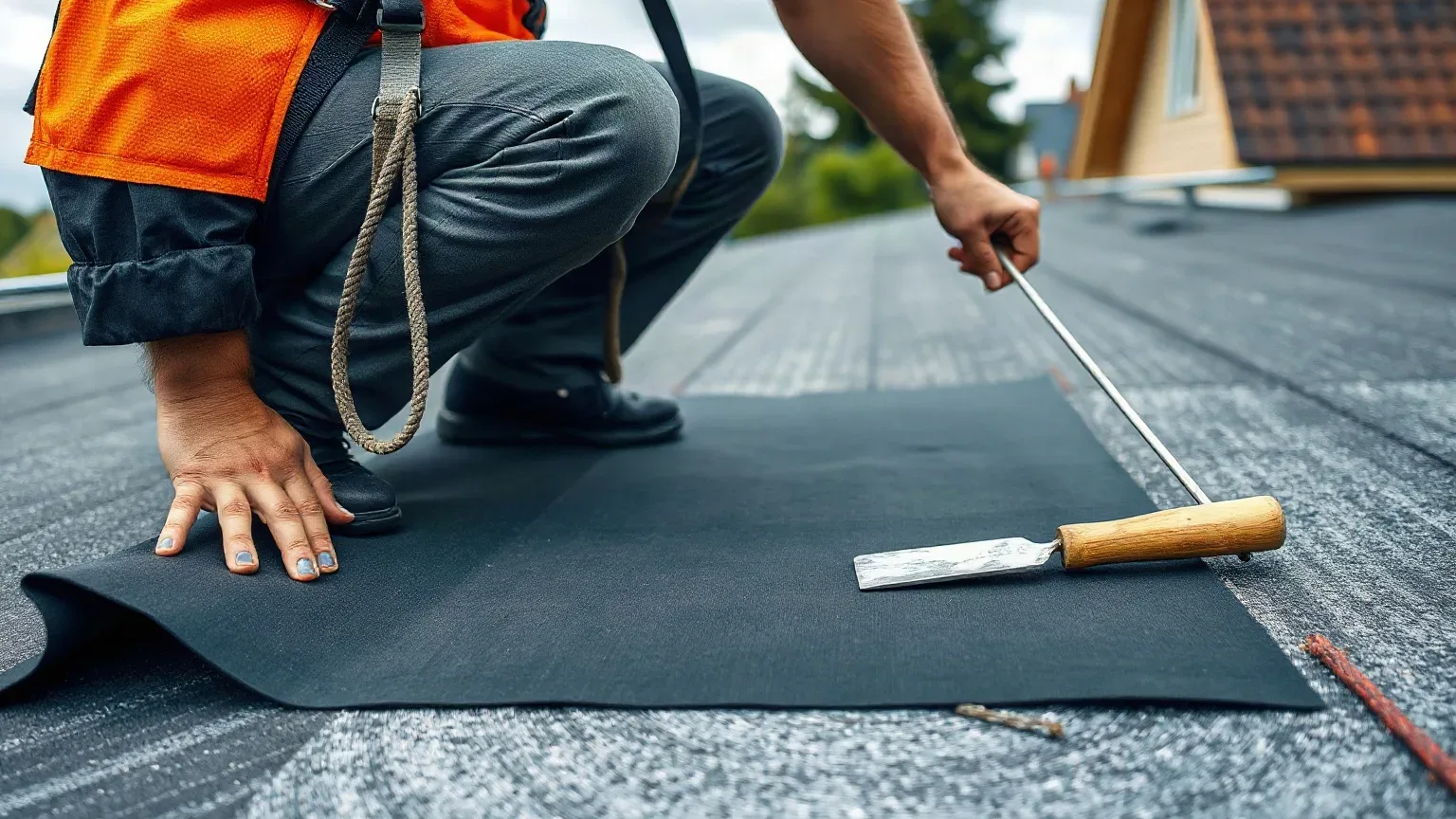 A roofer in a safety harness crouching on a flat residential roof and pressing a fibreglass matting sheet flat against the prepared plywood deck before applying resin on top with a metal roofing trowel on a cloudy overcast afternoon.