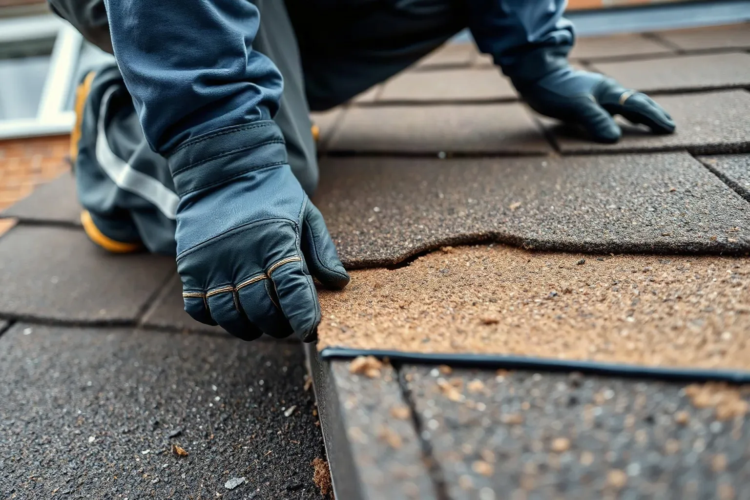 A roofer in full workwear kneeling at the edge of a flat residential roof and running a gloved finger along a cracked felt seam beside a sound GRP fibreglass area to demonstrate the contrast in surface condition during an inspection on a grey day.