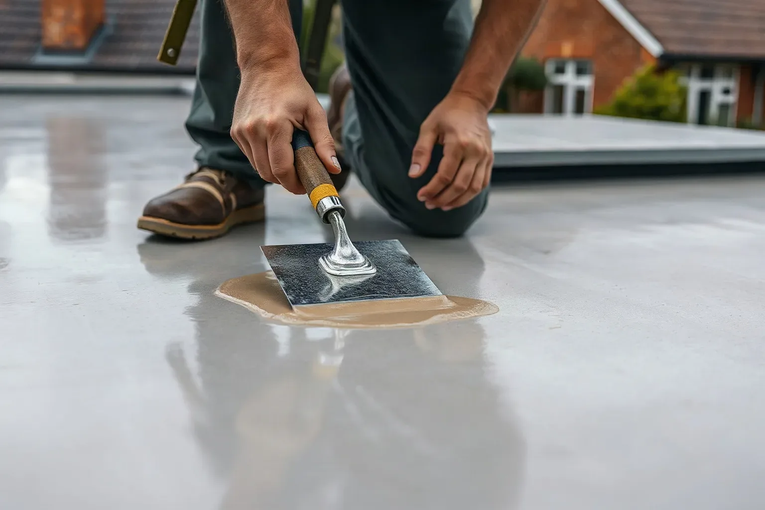 A roofer in a safety harness using a metal roofing trowel to apply a topcoat gelcoat layer over a cured fibreglass surface on a flat residential roof, spreading it in smooth overlapping strokes toward the upstand edge on a dry overcast afternoon.