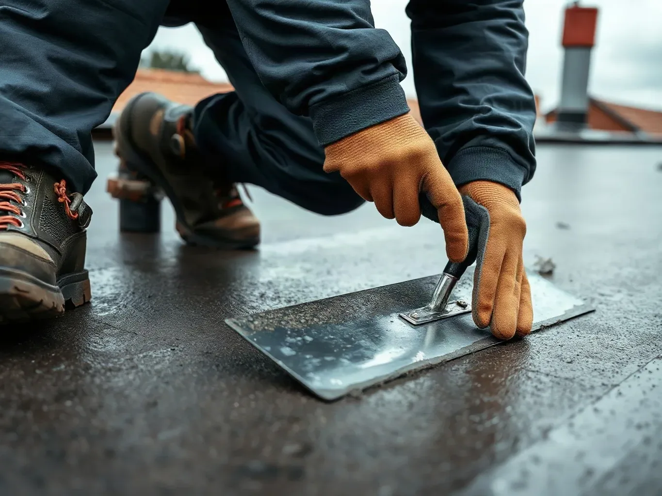 A roofer in full workwear kneeling on a flat residential roof and using a metal roofing trowel to probe an area of GRP fibreglass surface where delamination has caused a hollow sound during a walk-over inspection on a grey overcast day.