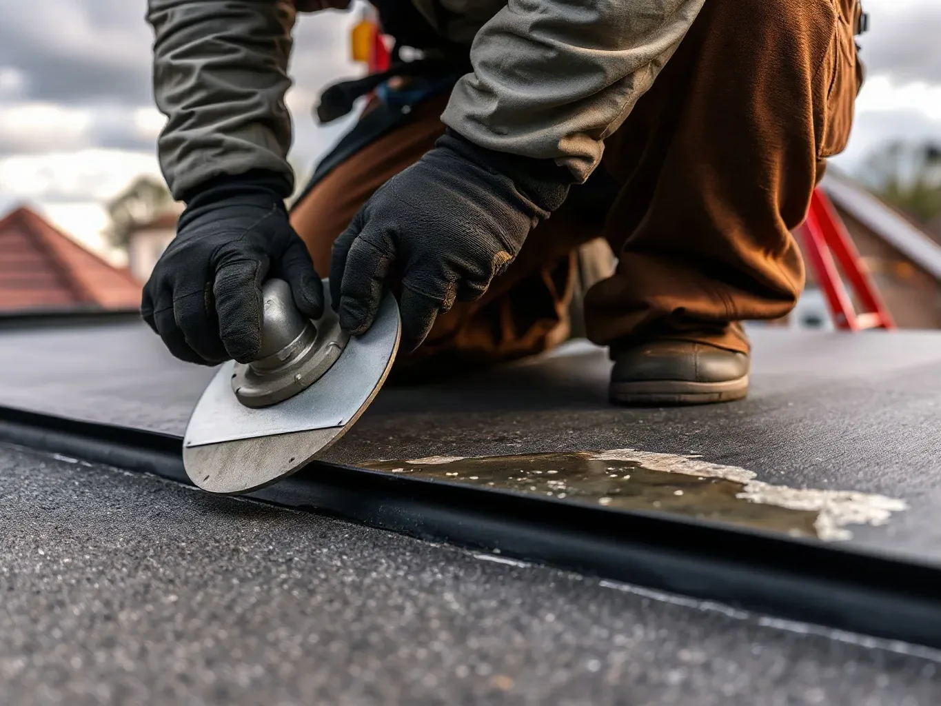A roofer in a safety harness grinding back a localised damaged area of GRP fibreglass membrane on a flat residential roof to expose sound substrate before applying a fresh lamination layer with a metal roofing trowel on a cloudy afternoon.