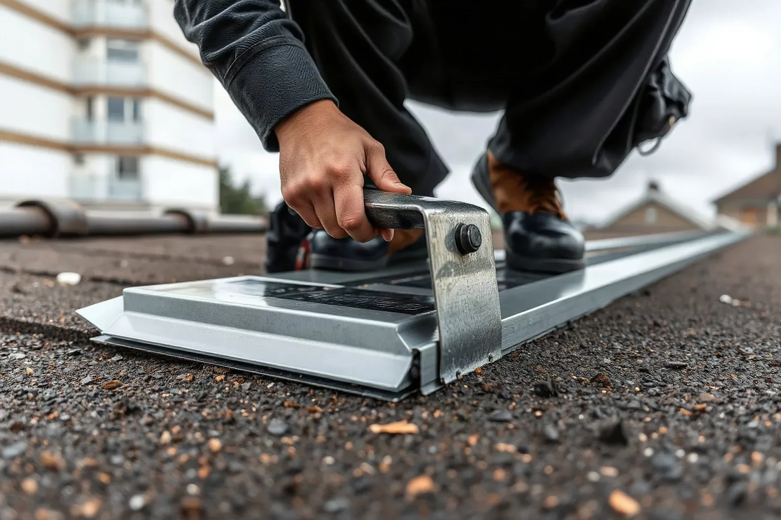 A roofer in full workwear crouching at the upstand corner of a flat residential roof and pressing a GRP trim strip firmly into the internal angle with a metal roofing trowel to complete the flashing detail on a grey overcast day.