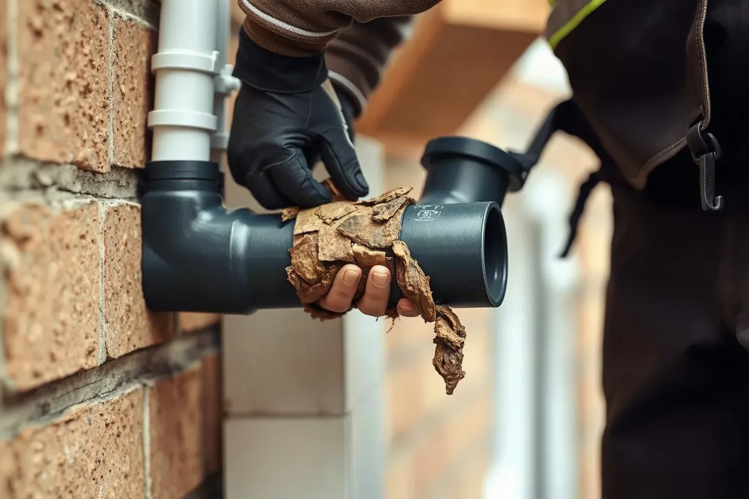 A person wearing gloves removes dead leaves and debris from a dark plastic pipe junction mounted on a brick wall