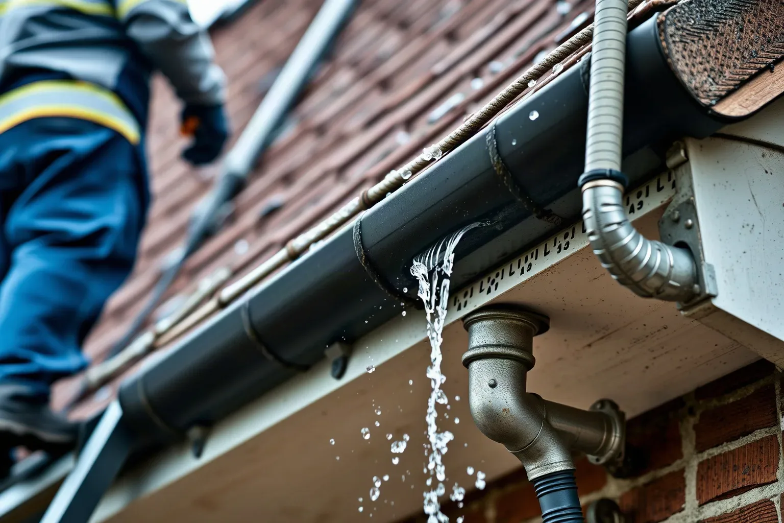 A person on a ladder works on a roof while water streams from a leaking gutter and downpipe junction on a brick-built home