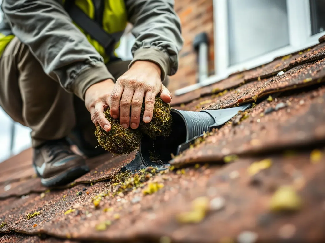 A worker in high-visibility gear crouches on a moss-covered tiled roof, removing a clump of moss from around a pipe flashing