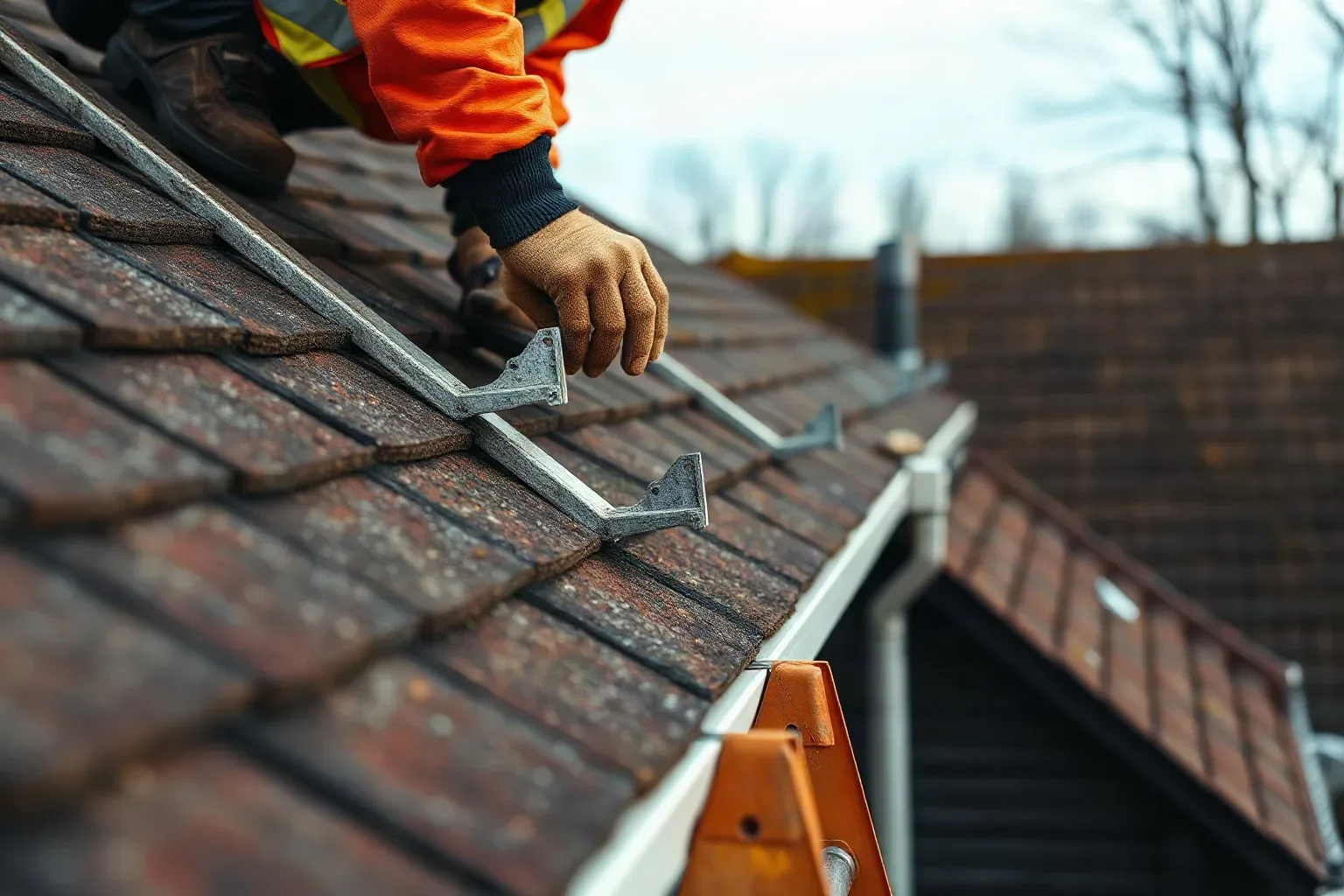 A worker in a hi-vis orange jacket and gloves installs metal brackets along the edge of a tiled roof, with a ladder visible at the eaves