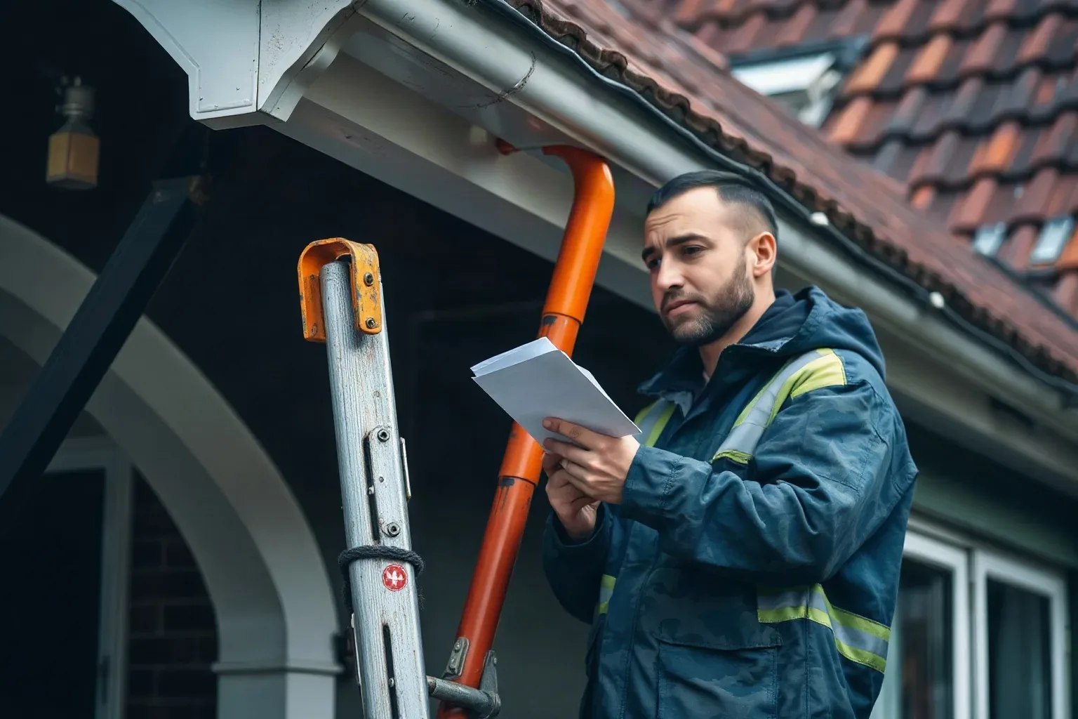 A worker in hi-visibility workwear stands on a ladder beside the guttering of a house, reviewing papers