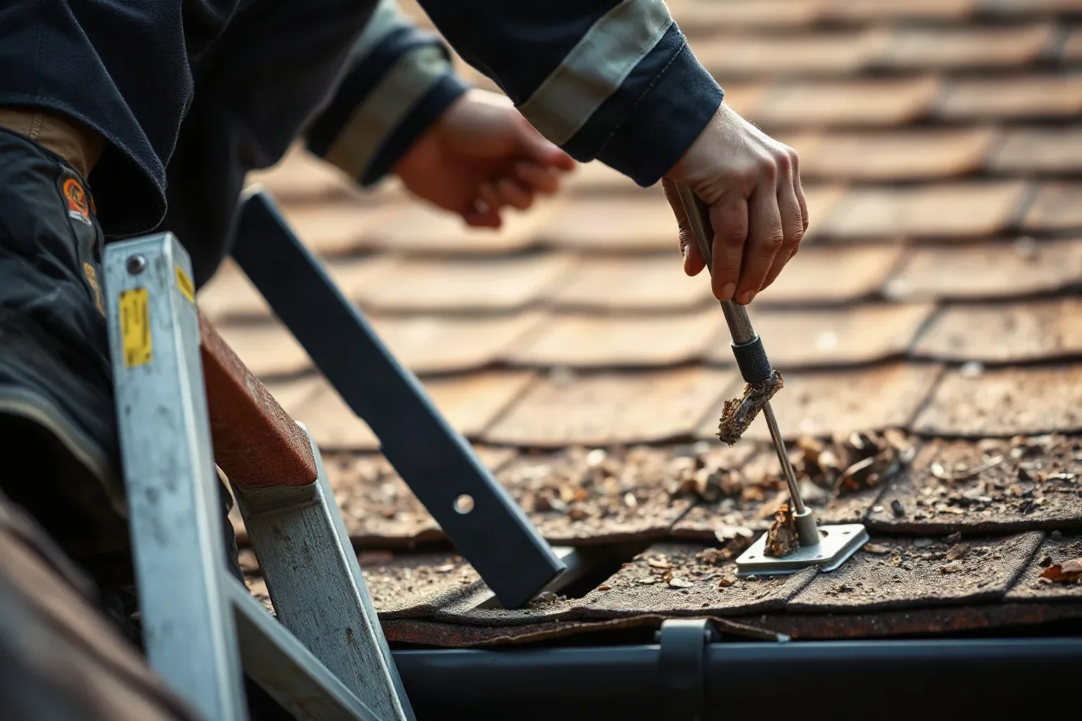 A person on a ladder uses a tool to work on worn asphalt roof shingles covered in debris