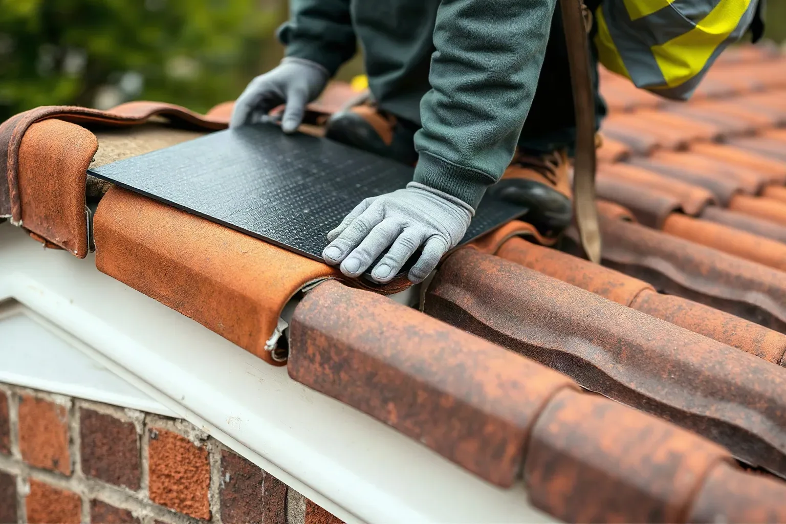 A roofer in workwear sliding the leading edge of a gutter guard panel beneath the first course of clay tiles at the eaves of a pitched residential roof, the roofing felt underlayment just visible where one tile has been lifted aside.