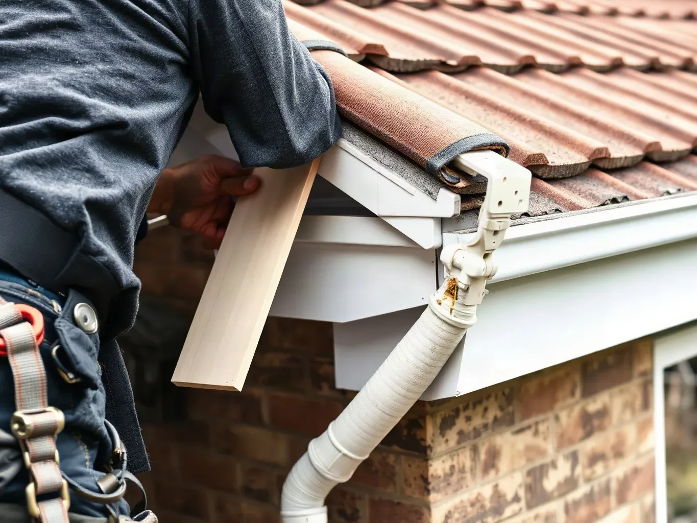 A roofer in a safety harness crouching at the eaves of a pitched residential roof and pressing a replacement uPVC fascia board into alignment against the rafter tails before re-hanging the gutter, clay tiles visible on the slope immediately above.