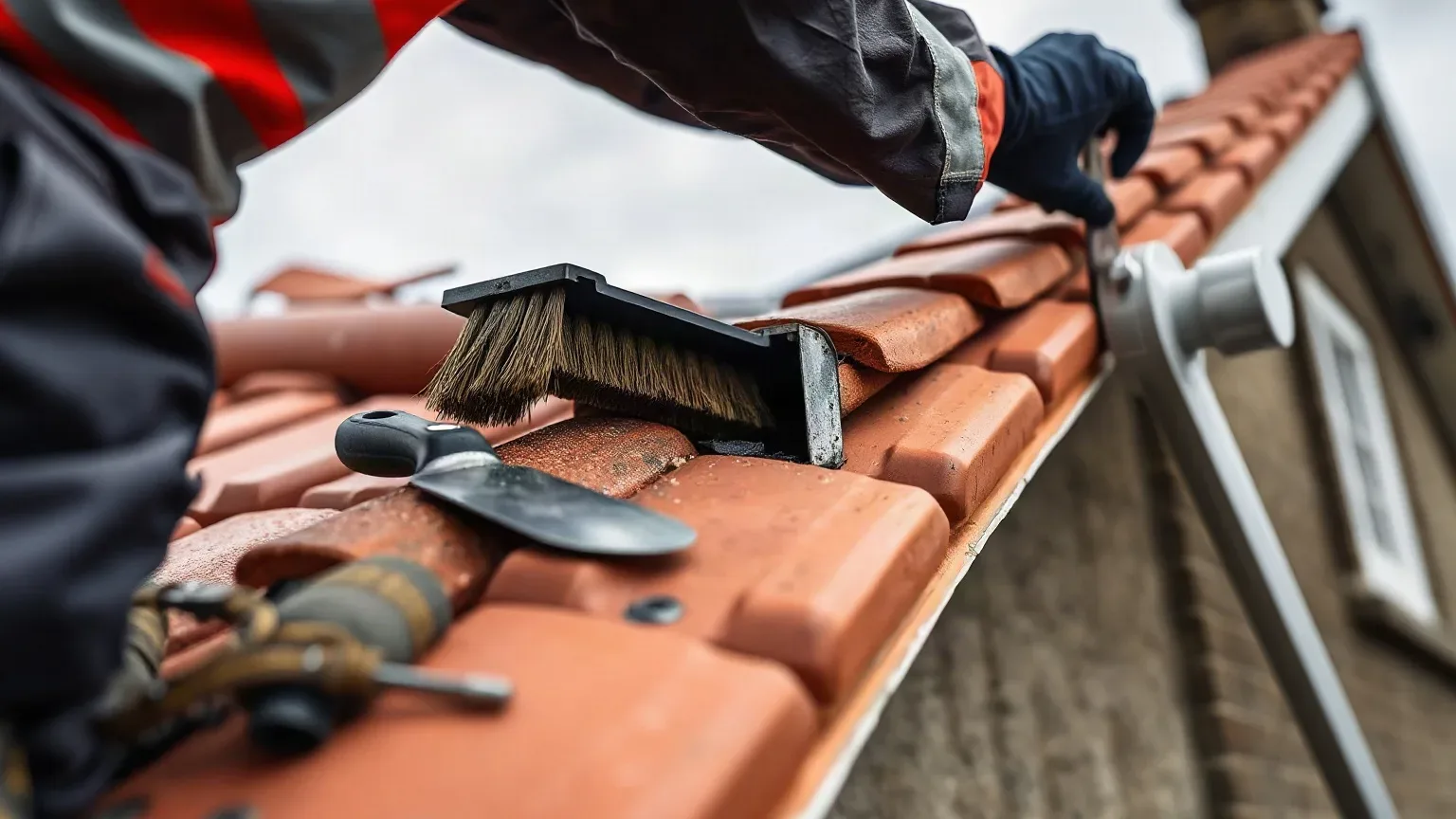 A roofer in full workwear fitting a brush-style gutter insert into a sagging gutter section at the eaves of a pitched residential roof, a metal roofing trowel resting on the clay tile course beside them while grey cloud fills the sky.