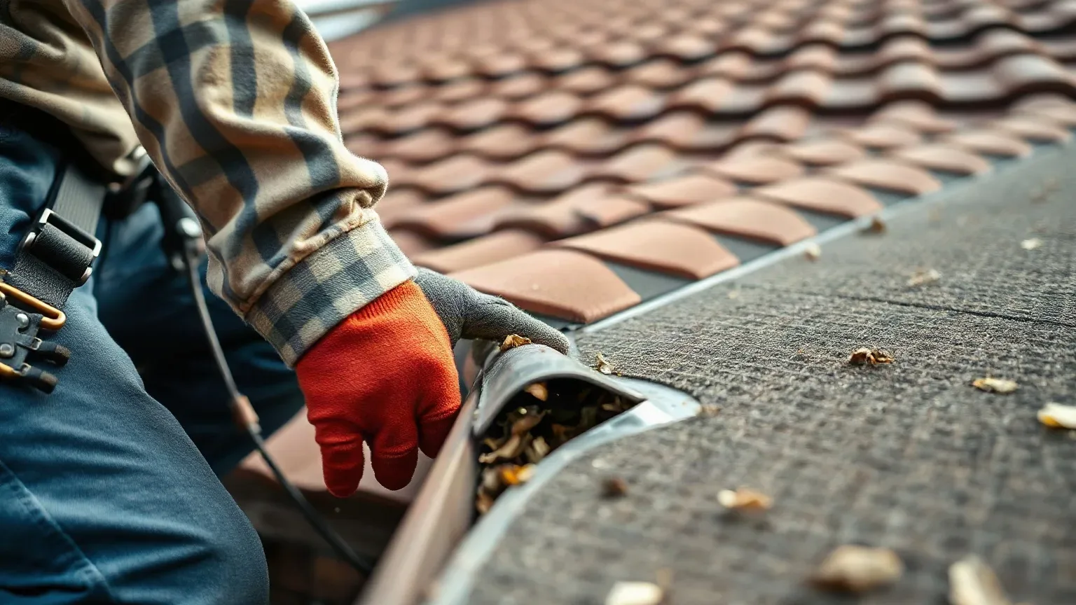 A roofer in a safety harness crouching at the eaves of a pitched residential roof and using a gloved hand to clear compacted leaf debris from the surface of a micro-mesh gutter guard while a row of clay tiles lines the slope above.