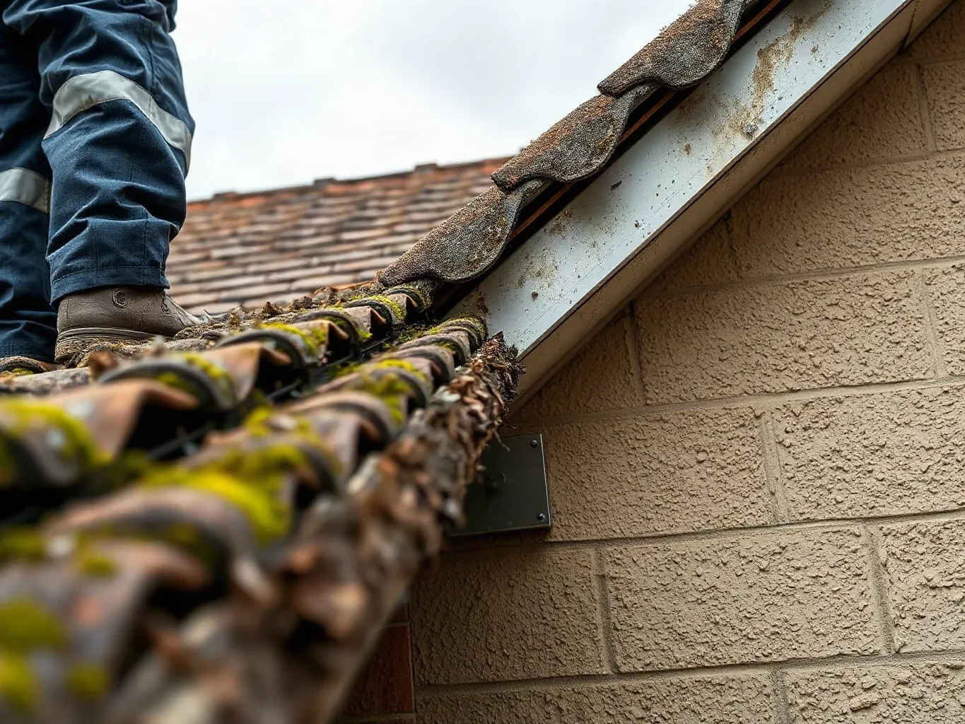 A roofer in workwear standing on a ladder at the eaves of a pitched residential roof and peering along a blocked gutter channel past accumulated moss and debris, clay tiles visible running up the slope above the fascia line.