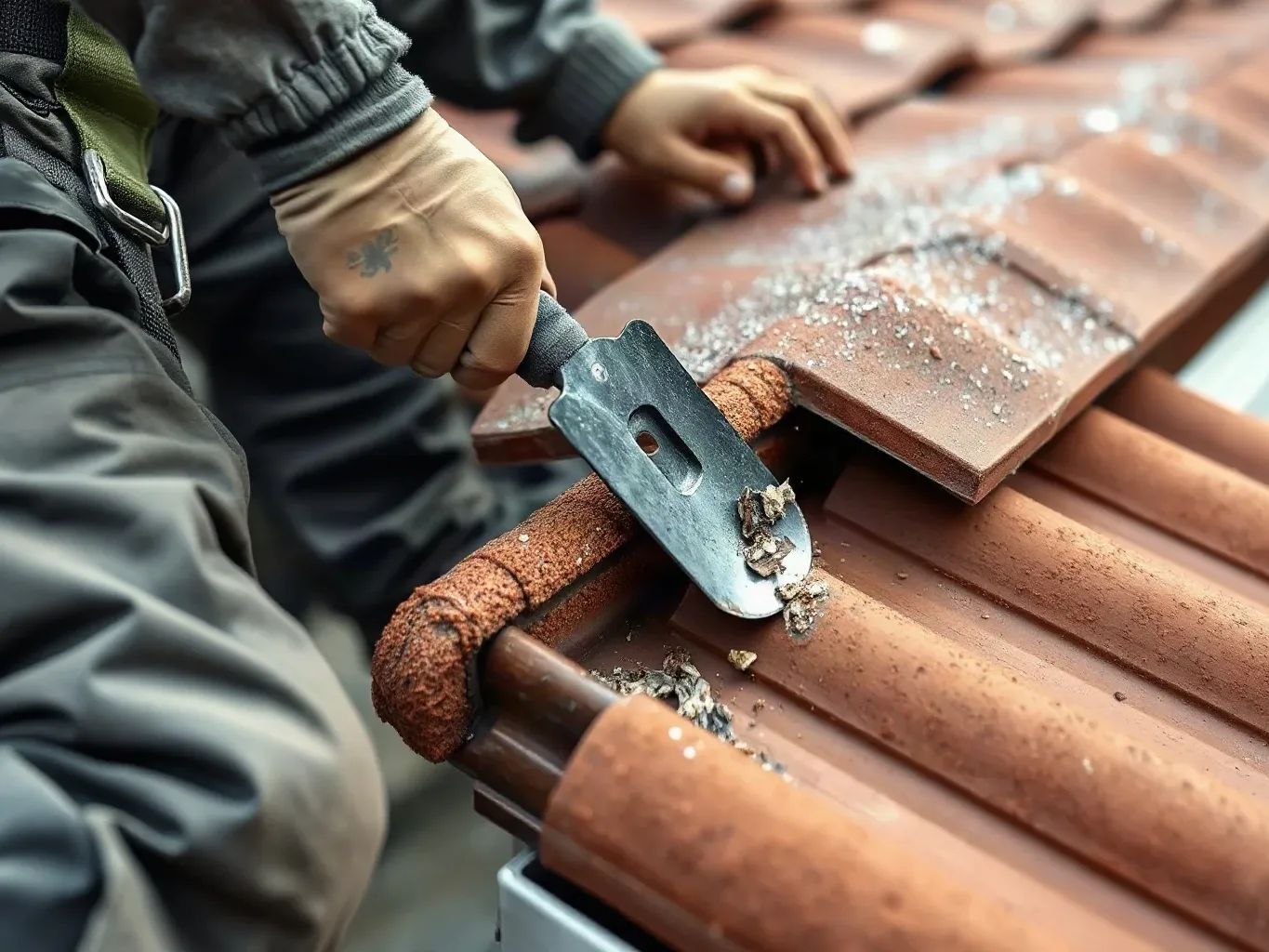 A roofer in a safety harness using a metal roofing trowel to scrape residual debris from a gutter channel at the eaves of a pitched residential roof before positioning a new gutter guard panel, roofing felt underlayment just visible beneath a lifted clay tile at the edge.