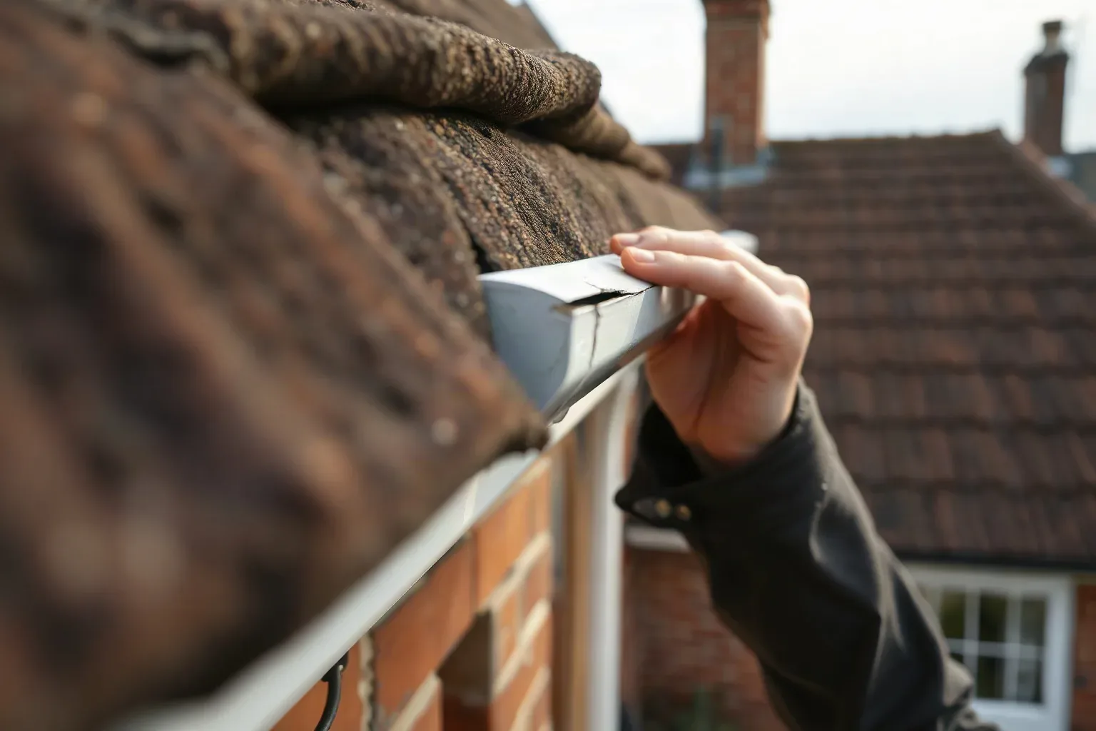 A person reaches up to inspect the guttering along the edge of a thatched roof on a brick-built home