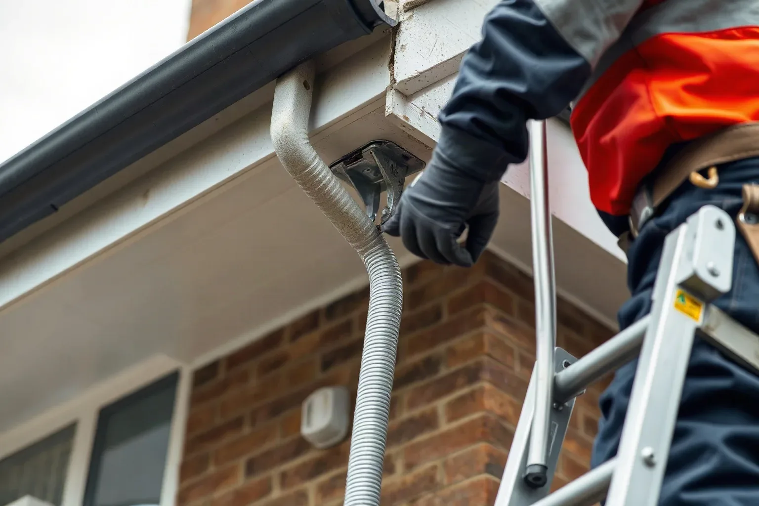 A person in gloves and work clothing stands on a ladder at roofline height, feeding a flexible metal hose into a fitting beneath the guttering of a brick house