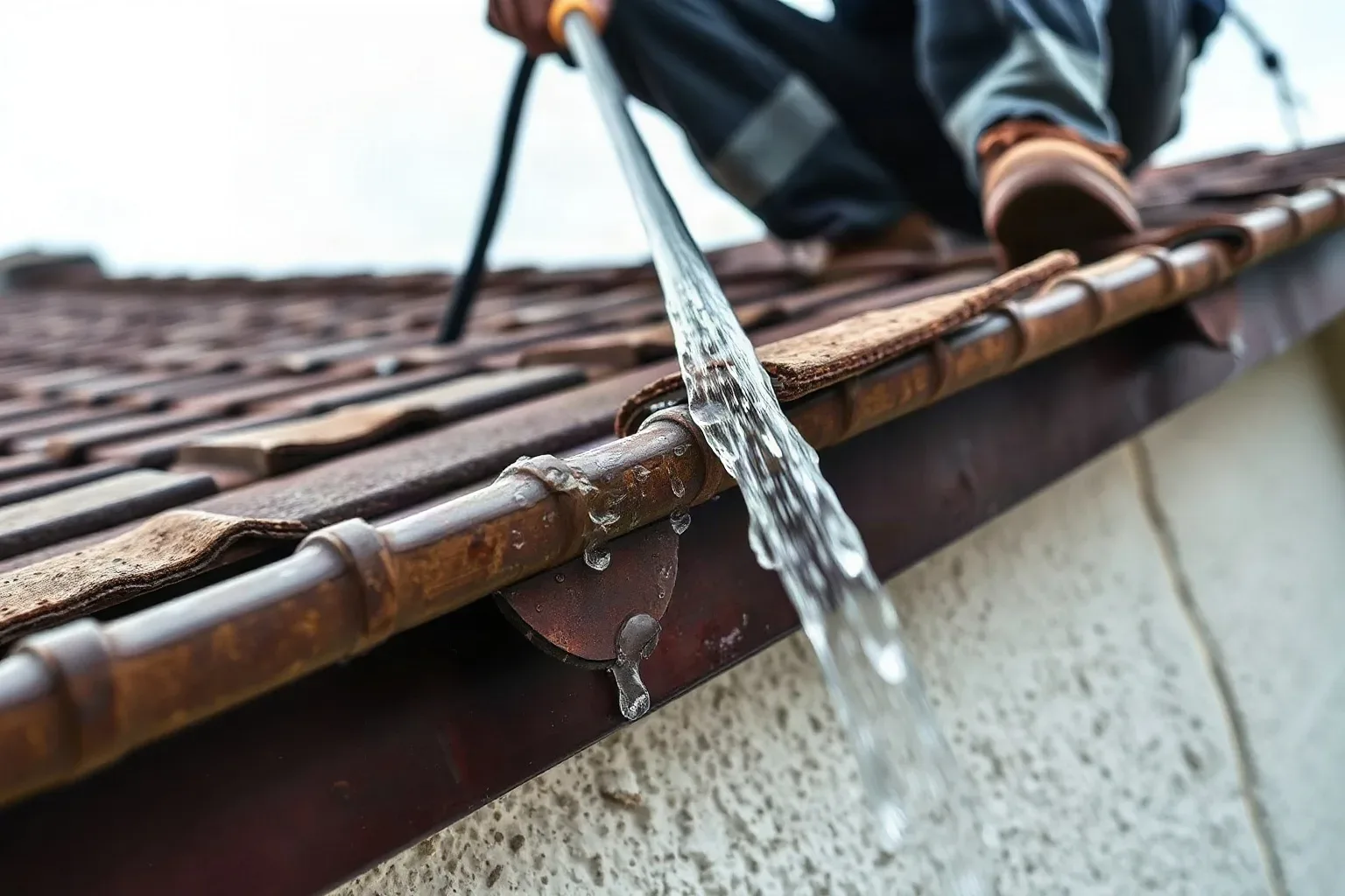 A person on a tiled roof uses a tool to direct water flowing from a gutter bracket at the roof edge