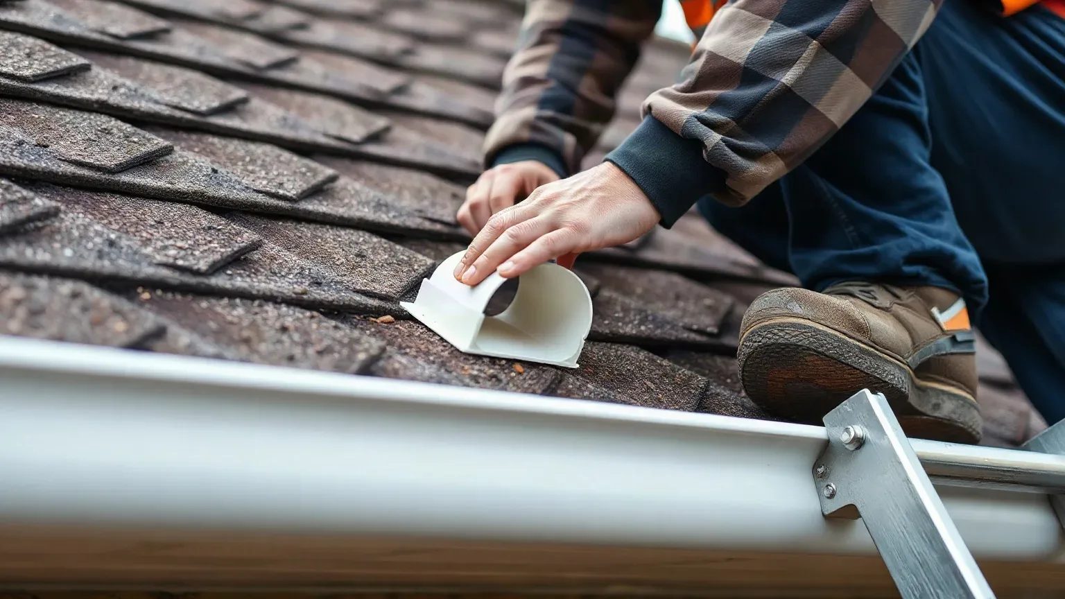 A person in workwear and hi-vis crouches on a pitched shingled roof beside a ladder, handling a white fitting near the guttering