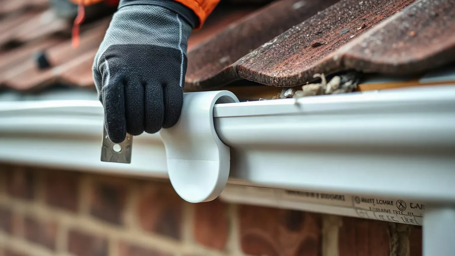 A gloved person fits a white uPVC gutter bracket at the eaves of a brick house, with debris-filled guttering and aged roof tiles visible above