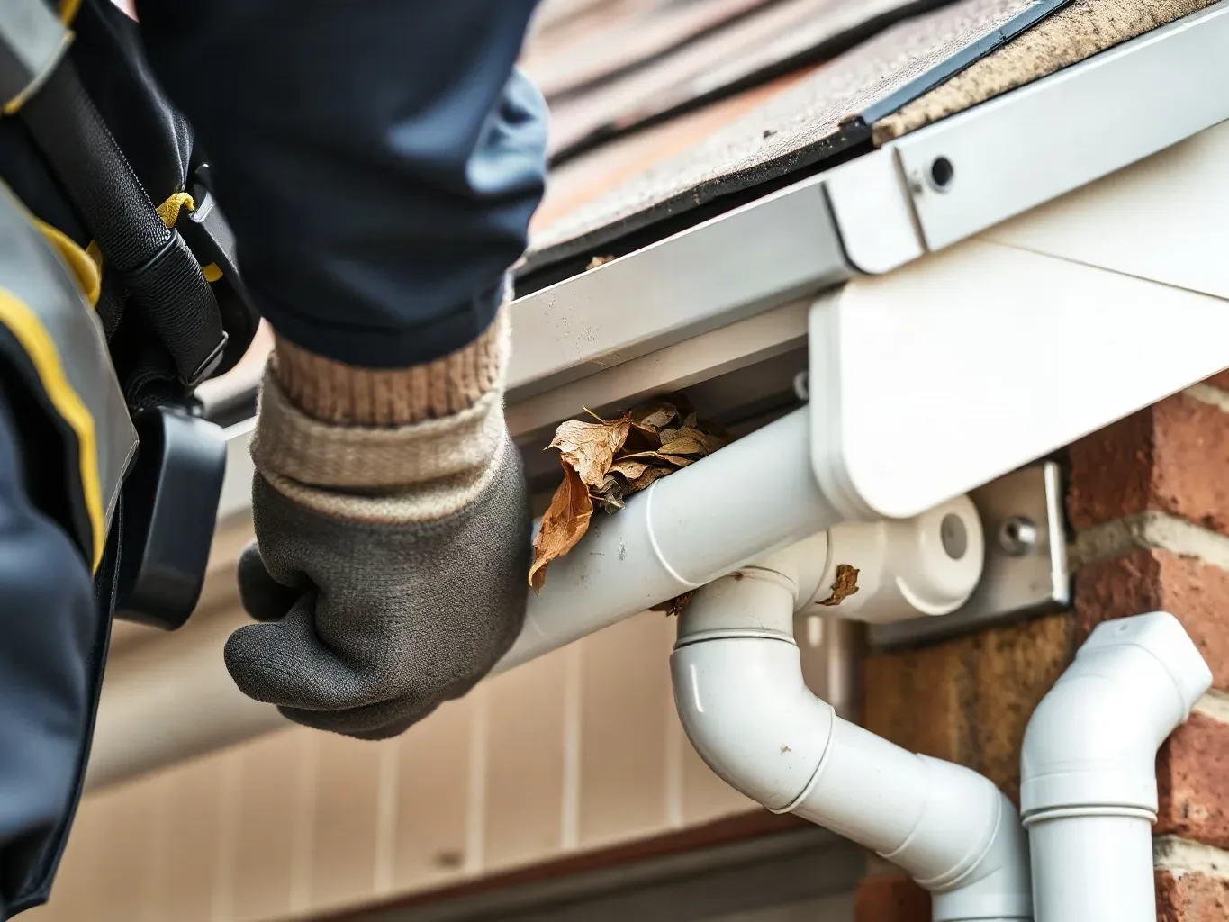 A gloved person removes dead leaves from a white uPVC guttering system fixed to a brick wall