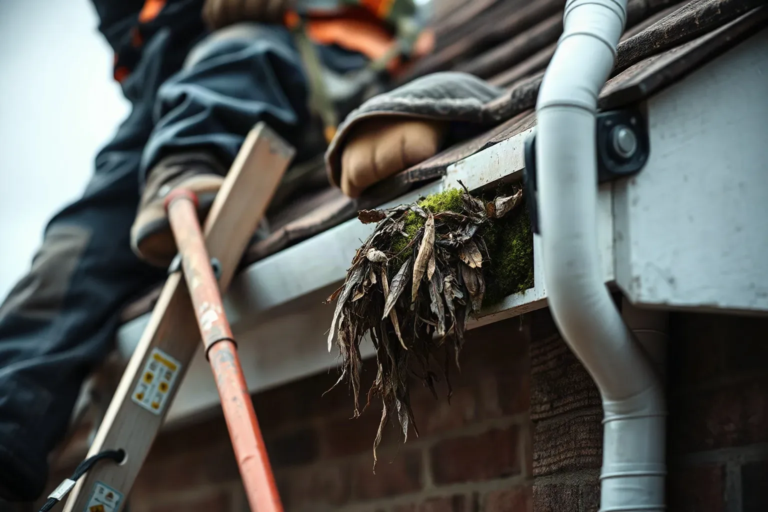 A roofer in workwear on a ladder at the eaves of a pitched residential roof pulling a packed mass of moss and leaf debris from a blocked gutter channel with a gloved hand, clay tiles and roofing felt underlayment visible above the fascia line.