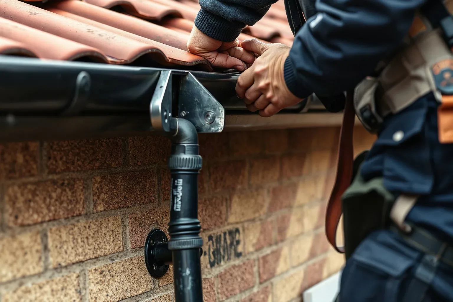 A roofer in full workwear replacing a snapped gutter bracket at the eaves of a pitched residential roof and re-hanging the gutter channel to the correct fall, a metal roofing trowel visible in their work belt and clay tiles above.