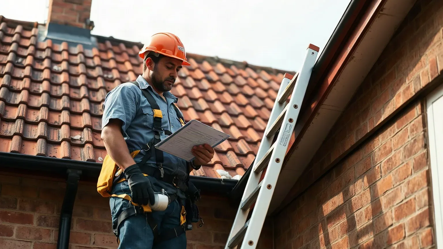 A roofer in a safety harness standing at the base of a ladder propped against the eaves of a pitched residential roof and reading a clipboard checklist before ascending, clay tiles and lead flashing around a chimney stack visible on the slope above.