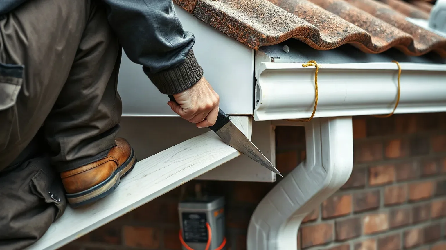A roofer in workwear crouching at the eaves of a pitched residential roof and pointing a metal roofing trowel at a joint where a gutter section has separated and allowed water staining to run down the fascia board, clay tiles above.