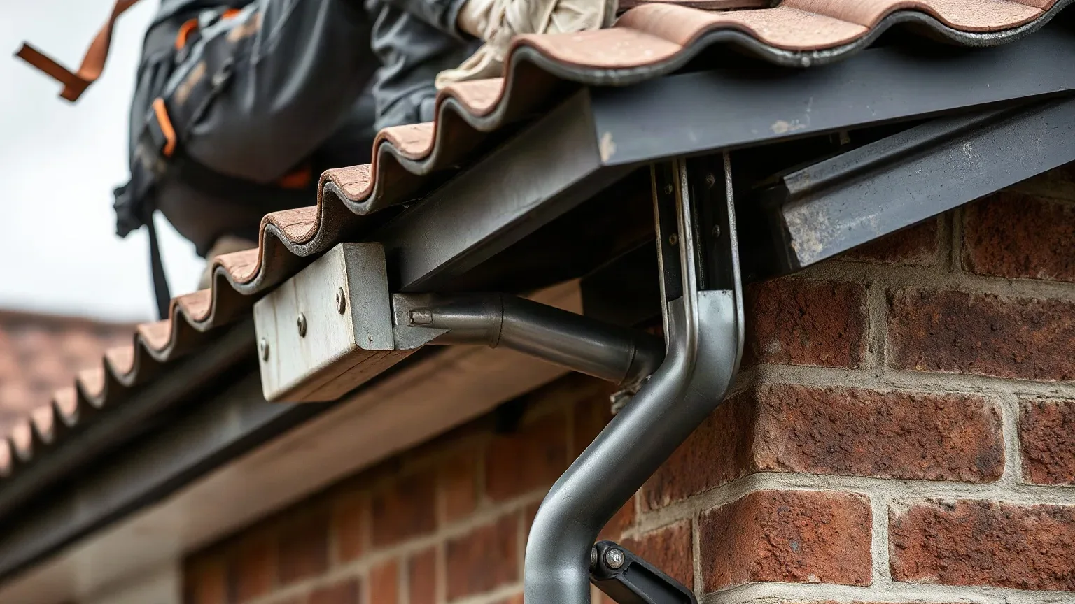 A roofer in a safety harness at the eaves of a detached suburban house roof lifting a section of sagging gutter clear of its brackets to assess the fascia board beneath, clay tiles and visible roofing felt underlayment at the tile edge above.