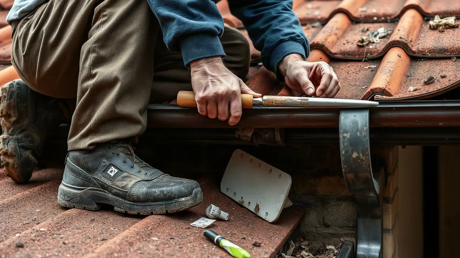 A roofer in full workwear crouching at the eaves of a pitched residential roof and clearing accumulated debris from a gutter channel with a metal roofing trowel while inspecting the fascia board condition below the clay tile course.