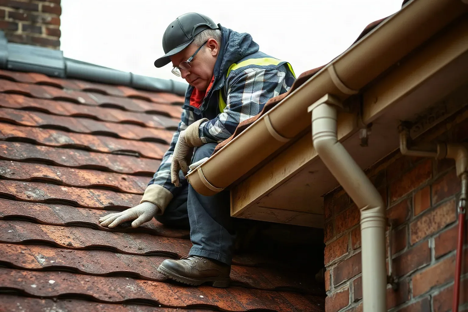 A roofer in full workwear crouching at the eaves of a steeply pitched residential roof and checking the fall of a gutter run by eye along the fascia line while the clay tile course overhangs close to their shoulder.