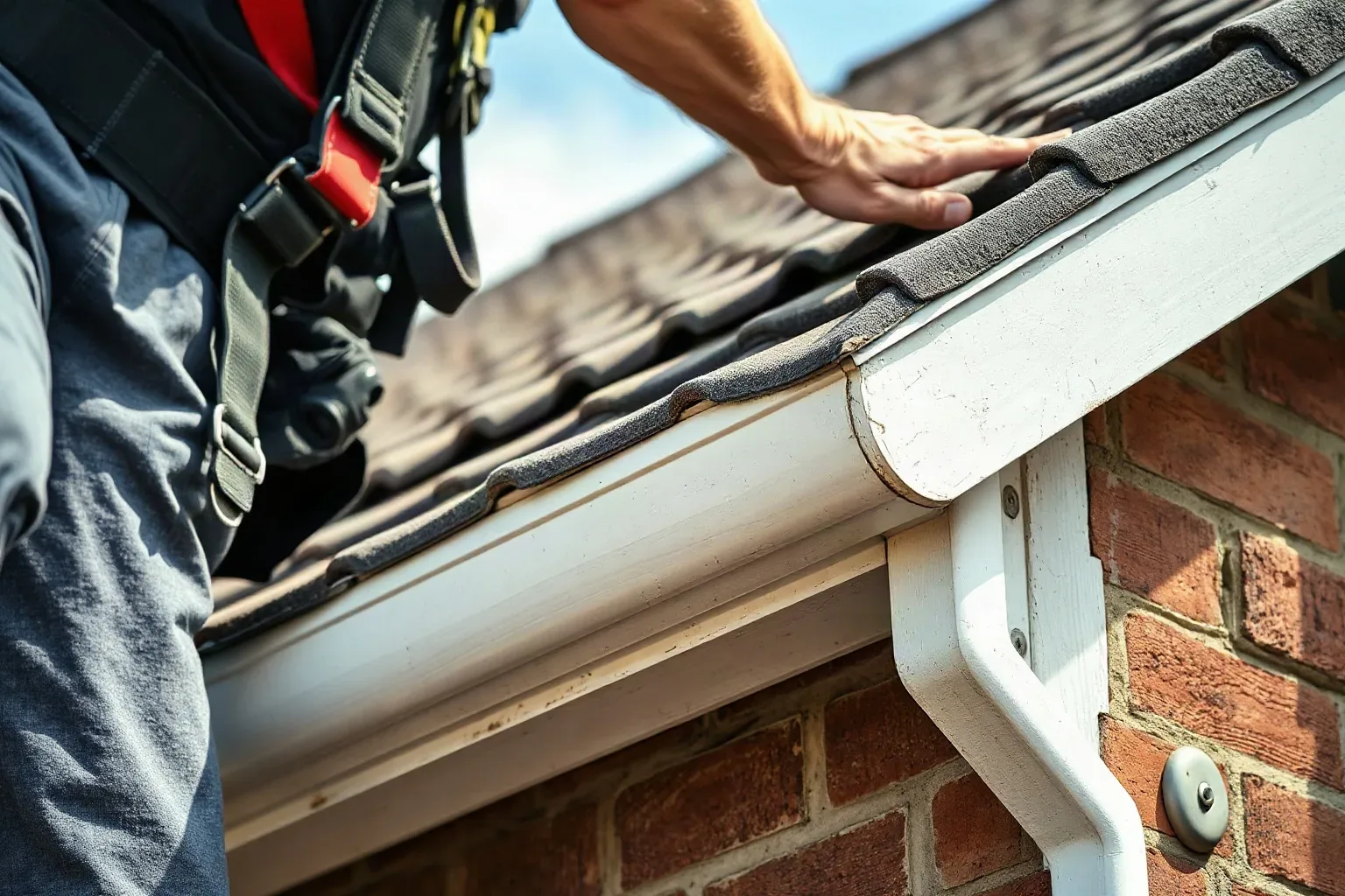 A roofer in a safety harness pointing to a section of sagging gutter that has pulled away from the fascia on a pitched suburban house while the lower course of clay tiles remains intact above the gap.