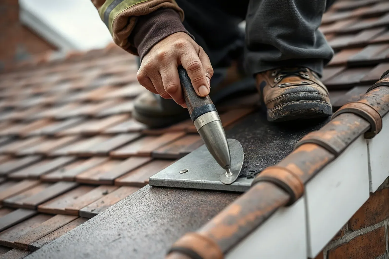 A roofer in full workwear using a metal roofing trowel to tuck a lead flashing strip beneath the bottom course of clay tiles where they meet a parapet wall on a pitched residential roof on a damp overcast day.