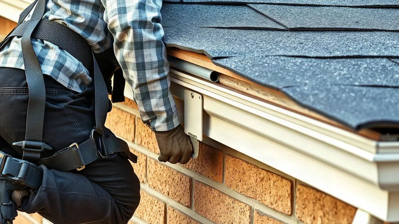 A roofer in a safety harness kneeling at the eaves of a pitched residential roof and re-securing a gutter joint bracket to the fascia while the roofing felt underlayment is faintly visible at the roof edge above.