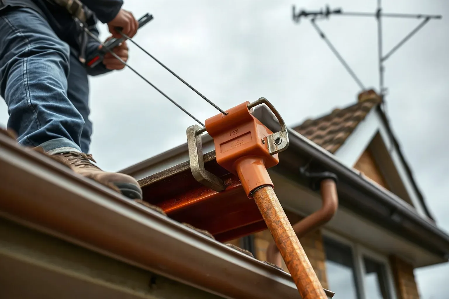 A person on a rooftop installs a cable clamp and earthing rod onto a brown guttering rail, with a TV aerial visible in the background