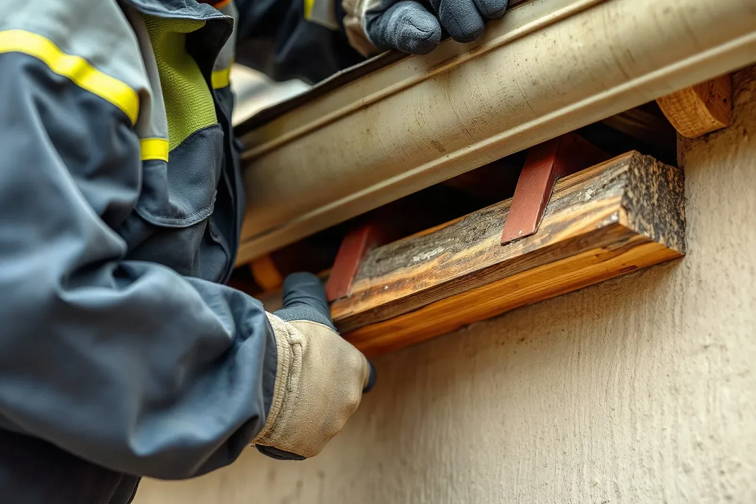 A person wearing work gloves and a hi-vis jacket handles a weathered wooden beam beneath a metal roof edge on the exterior of a building