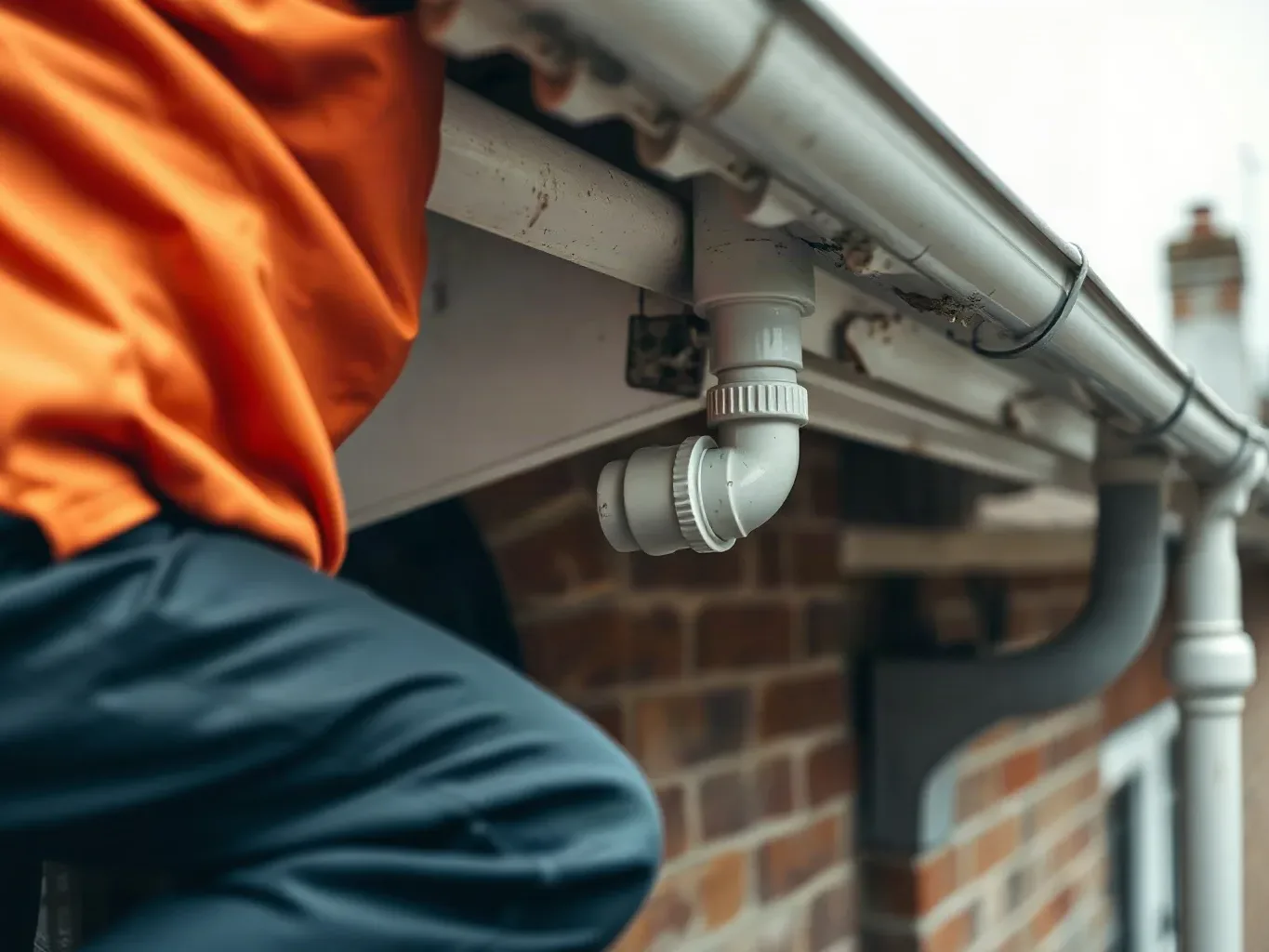 A person in an orange top works on guttering and downpipe fittings along the eaves of a brick-built home