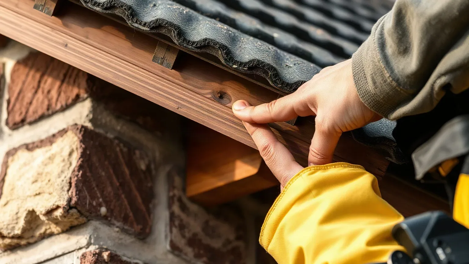 A person in a yellow jacket inspects the wooden fascia board beneath a corrugated roof edge on a stone-walled building