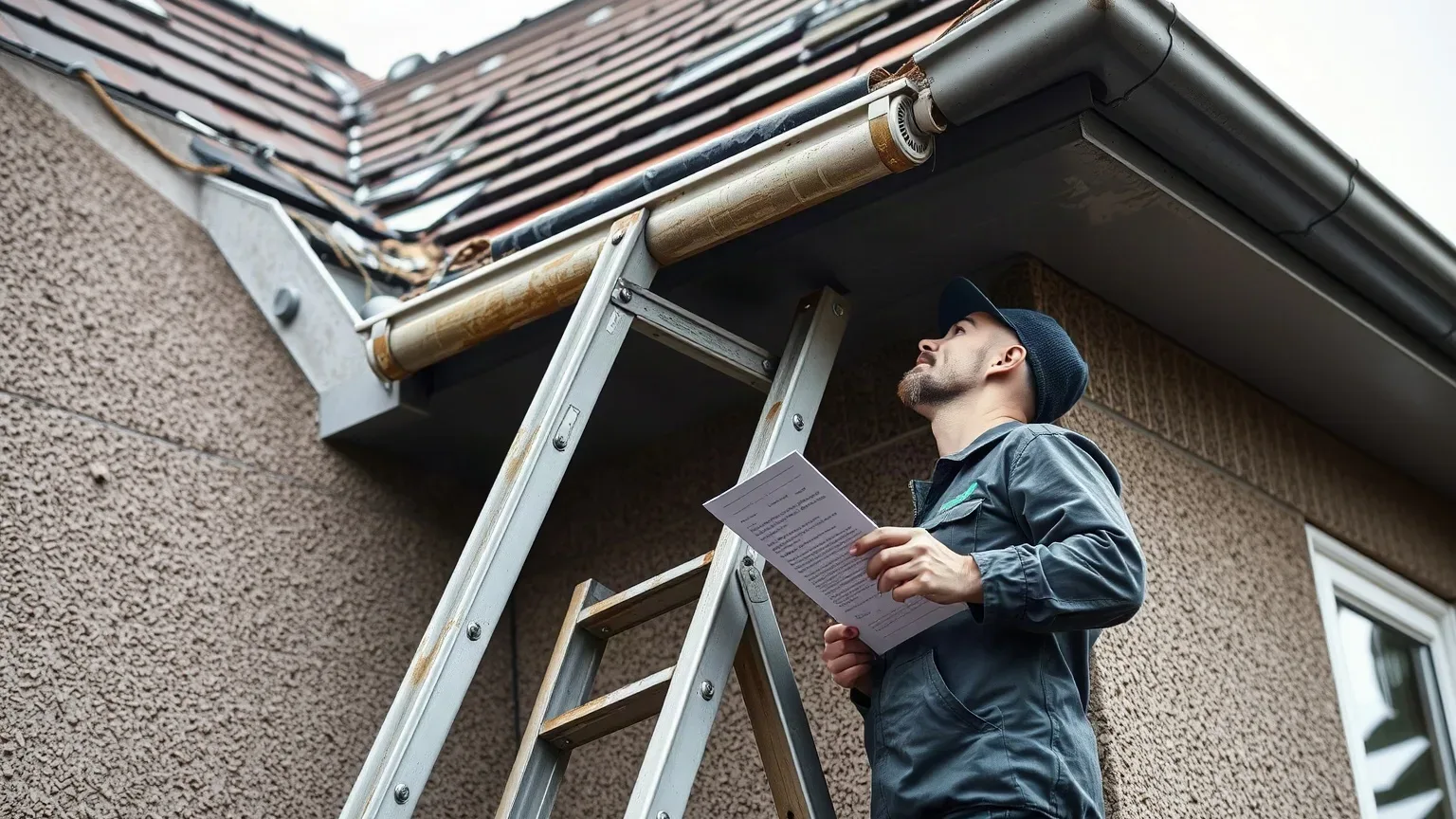 A worker holding a document stands beside a ladder propped against the exterior wall of a home, looking up at a damaged roof gutter and eaves