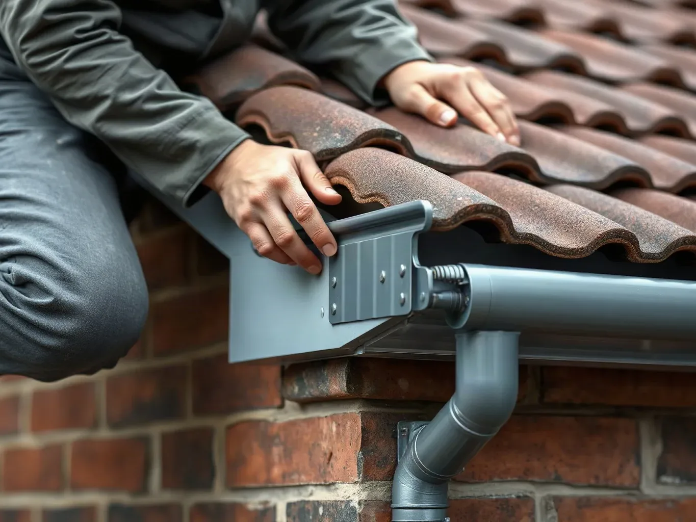 A person crouches on the edge of a tiled roof, fitting a grey metal guttering bracket alongside an existing downpipe on a brick wall